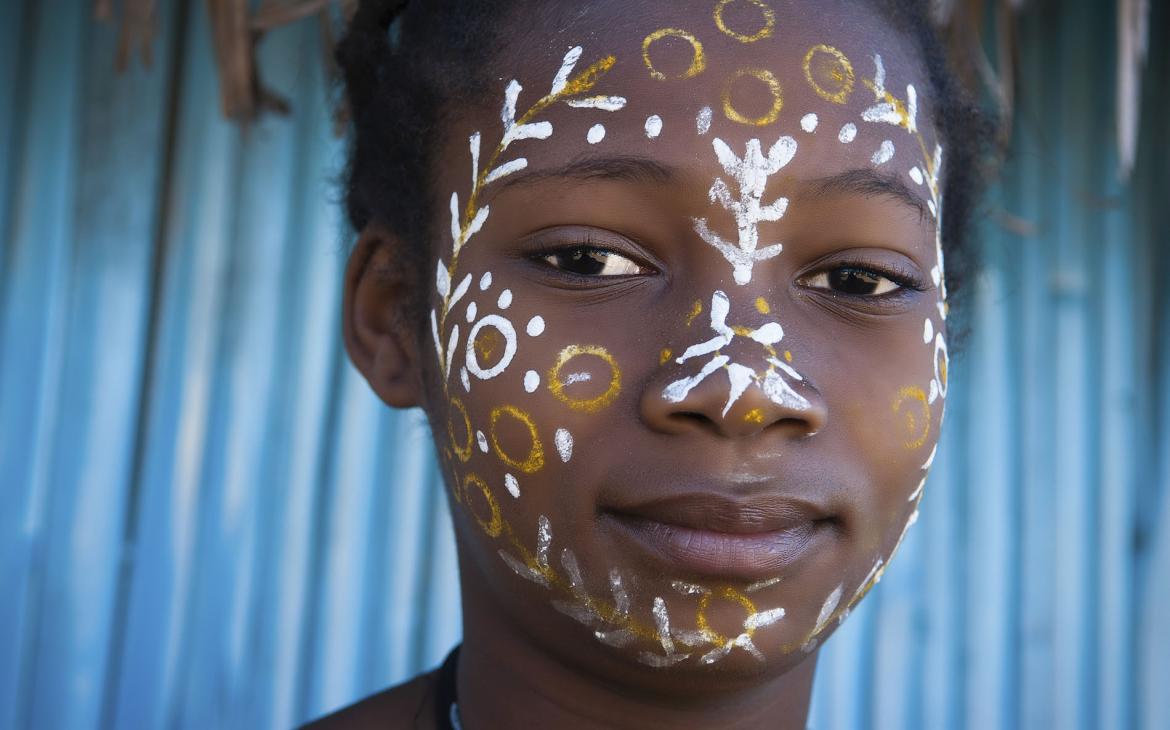 Portrait de jeune femme maquillée avec du masonjoany (Madagascar)